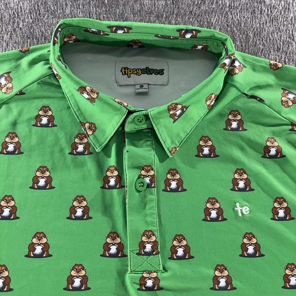 Tipsy Elves POLO SHIRT Mens XL Green Golf Ball Gopher PERFORMANCE Caddy Shack